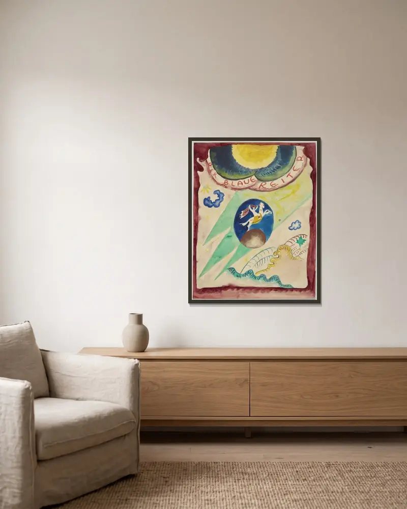 Design for the cover of the almanac ‘The Blue Rider’ III av Wassily Kandinsky inramad på en vägg