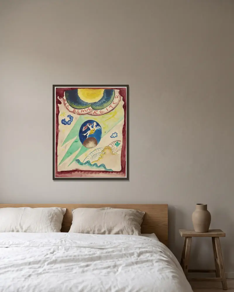 Design for the cover of the almanac ‘The Blue Rider’ III av Wassily Kandinsky inramad på en vägg