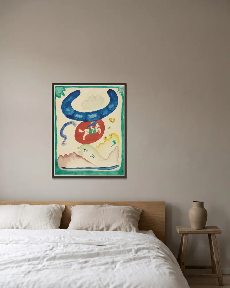 Design for the cover of the almanac ‘The Blue Rider’ VIII av Wassily Kandinsky inramad på en vägg