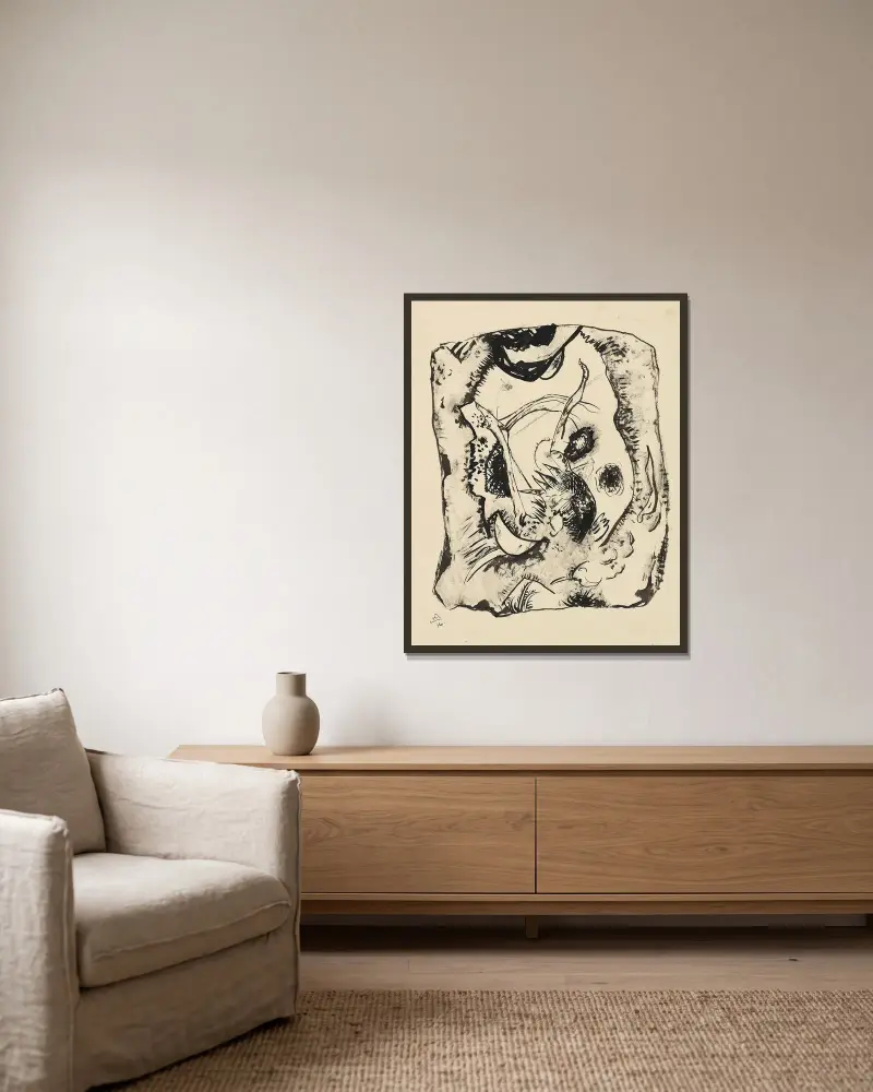 Drawing for ‘Bild auf hellem Grund’ av Wassily Kandinsky inramad på en vägg