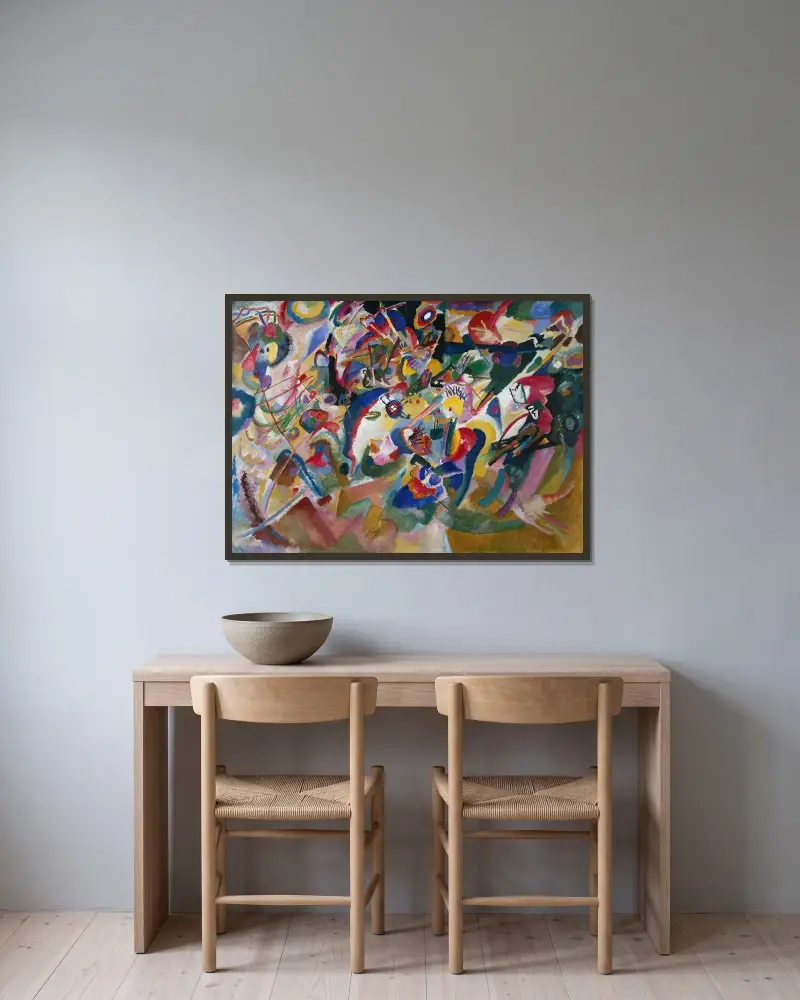 Entwurf 3 zu ‘Komposition VII’ av Wassily Kandinsky inramad på en vägg