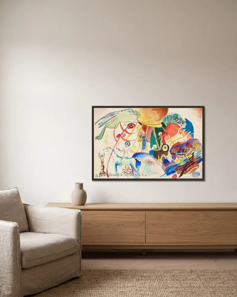 Förstudie till 'Allerheiligen II (Komposition med helgon)' av Wassily Kandinsky inramad på en vägg