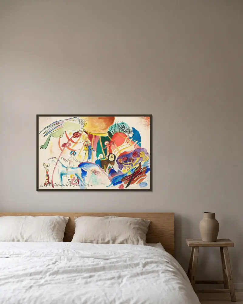 Förstudie till 'Allerheiligen II (Komposition med helgon)' av Wassily Kandinsky inramad på en vägg