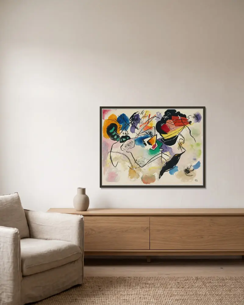 Entwurf zu ‘Komposition VII’ av Wassily Kandinsky inramad på en vägg