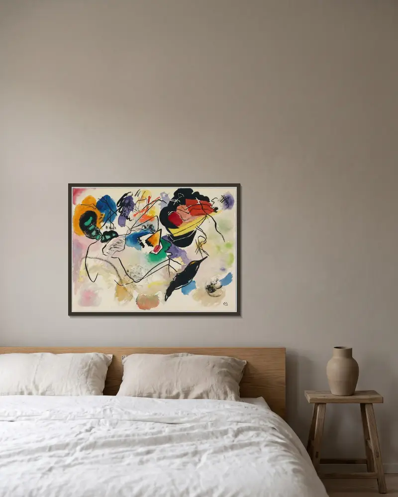 Entwurf zu ‘Komposition VII’ av Wassily Kandinsky inramad på en vägg