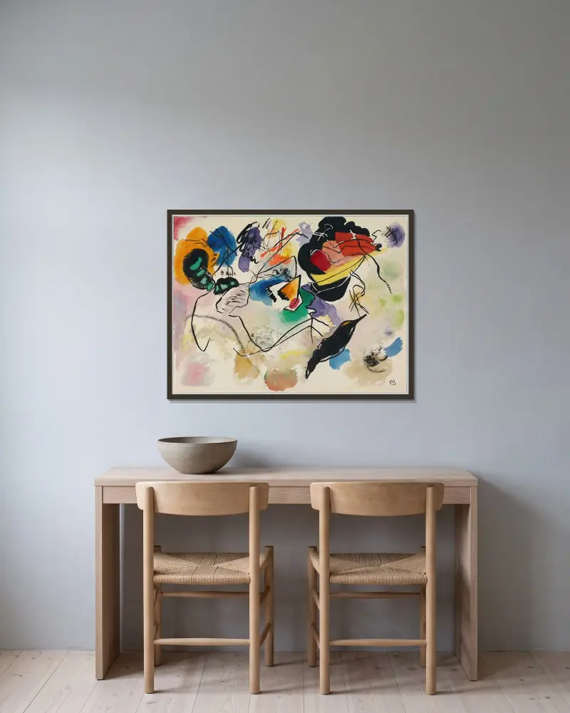 Entwurf zu ‘Komposition VII’ av Wassily Kandinsky inramad på en vägg