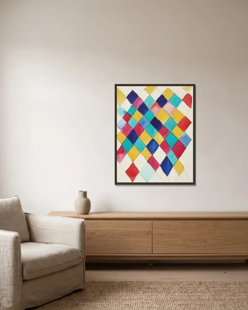 Farbstudie mit Rauten von Wassily Kandinsky gerahmt an einer Wand