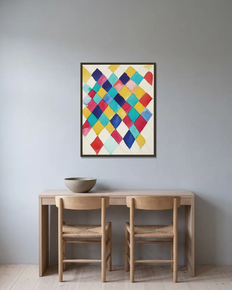 Farbstudie mit Rauten von Wassily Kandinsky gerahmt an einer Wand