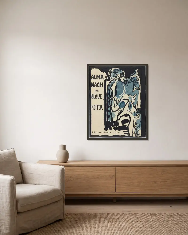 Final design for the cover of the almanac ‘The Blue Rider’ av Wassily Kandinsky inramad på en vägg