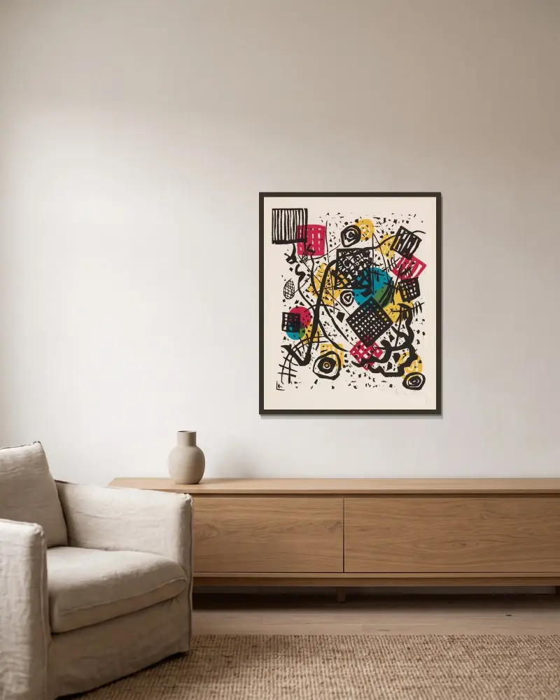 Kleine Welten (Small Worlds) V av Wassily Kandinsky inramad på en vägg