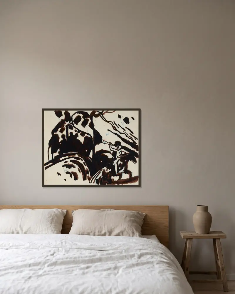 Landskap med trumpetblåsande ryttare av Wassily Kandinsky inramad på en vägg