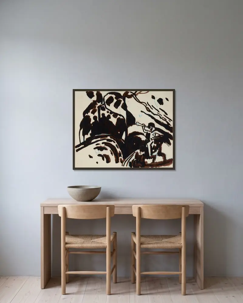 Landskap med trumpetblåsande ryttare av Wassily Kandinsky inramad på en vägg
