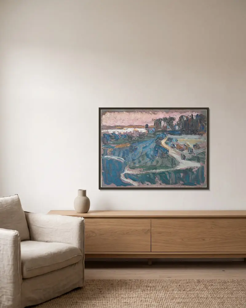 Landschaft (Oberpfalz) von Wassily Kandinsky gerahmt an einer Wand