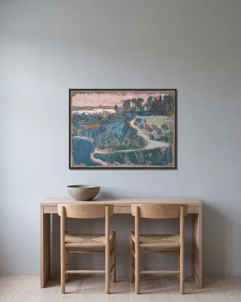 Landschaft (Oberpfalz) von Wassily Kandinsky gerahmt an einer Wand
