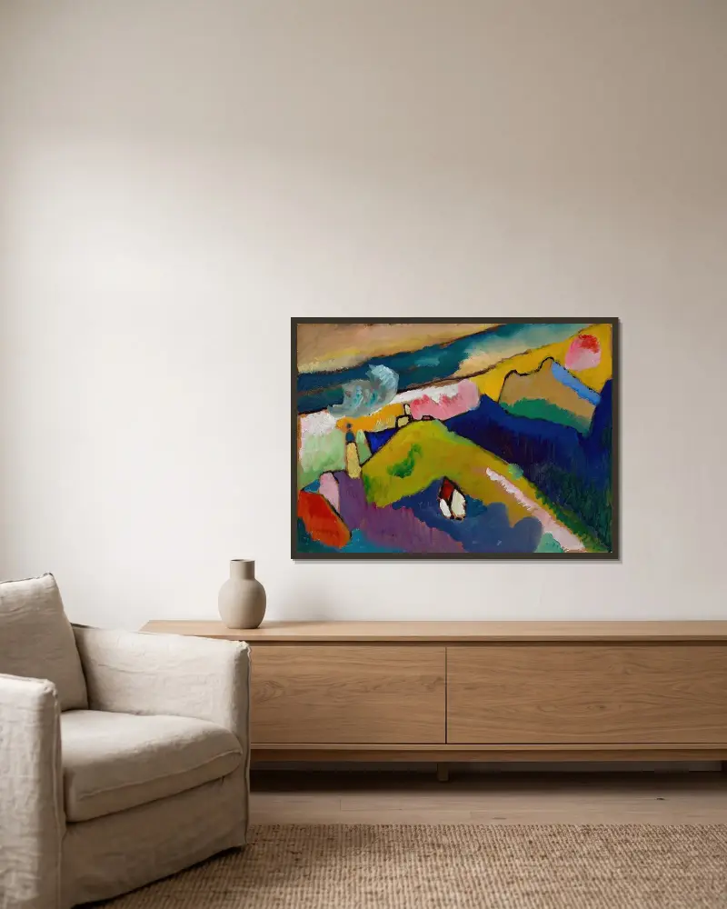 Murnau – Mountain landscape with church av Wassily Kandinsky inramad på en vägg