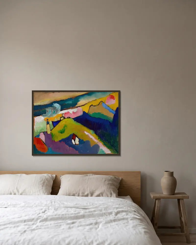 Murnau – Mountain landscape with church av Wassily Kandinsky inramad på en vägg