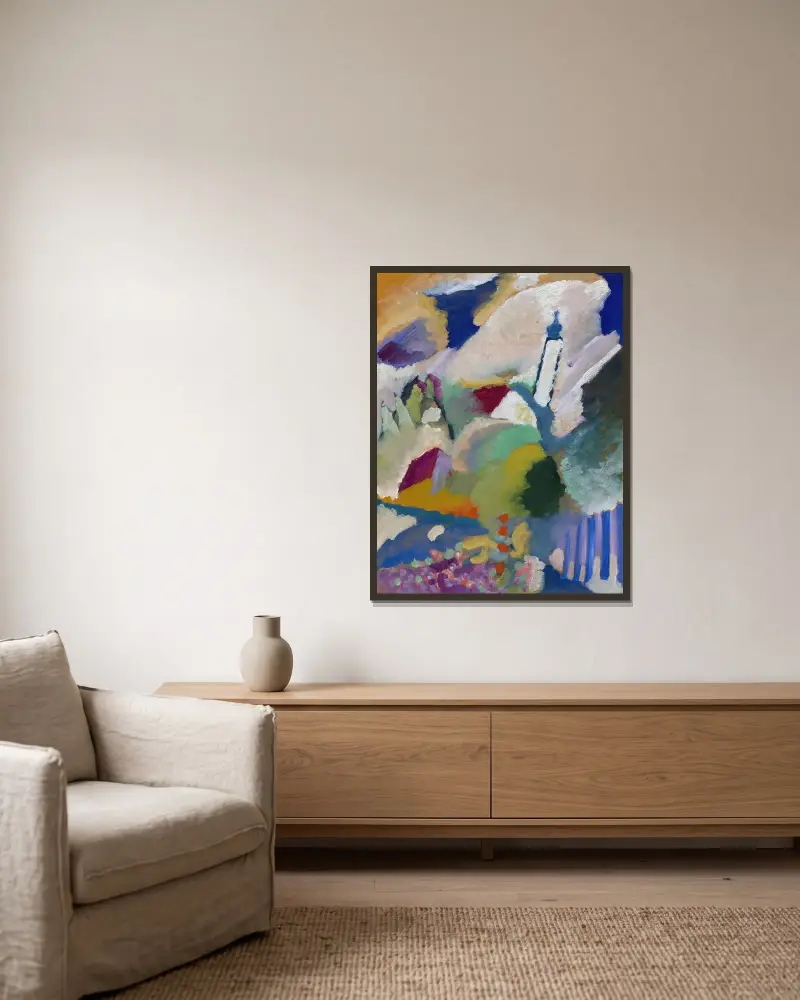 Murnau with church I av Wassily Kandinsky inramad på en vägg
