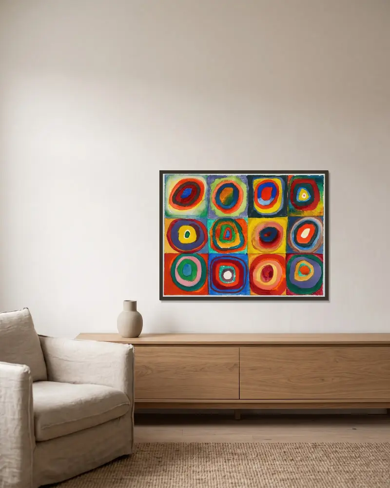 Quadrate mit konzentrischen Ringen av Wassily Kandinsky inramad på en vägg