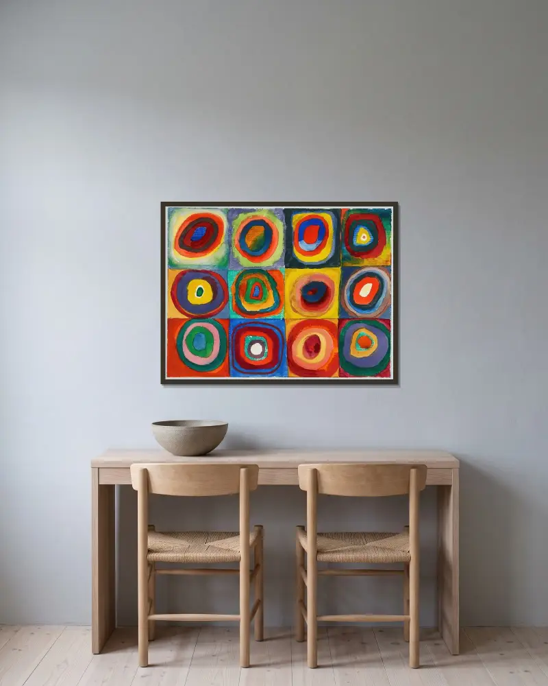 Quadrate mit konzentrischen Ringen av Wassily Kandinsky inramad på en vägg