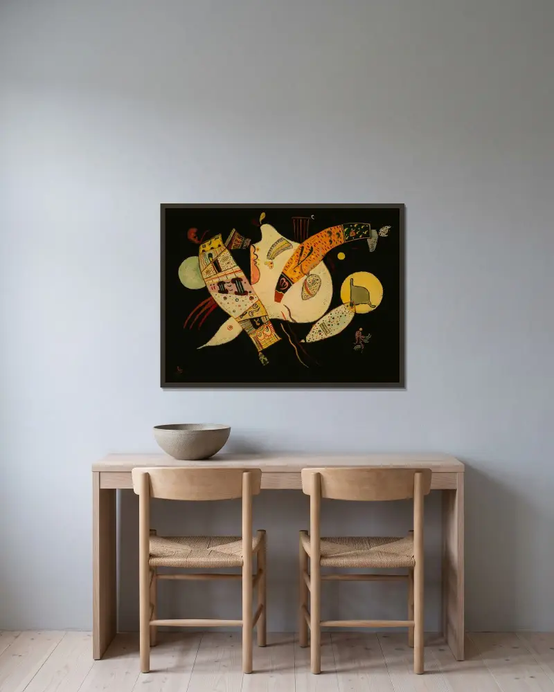 Shapes in Tension av Wassily Kandinsky inramad på en vägg