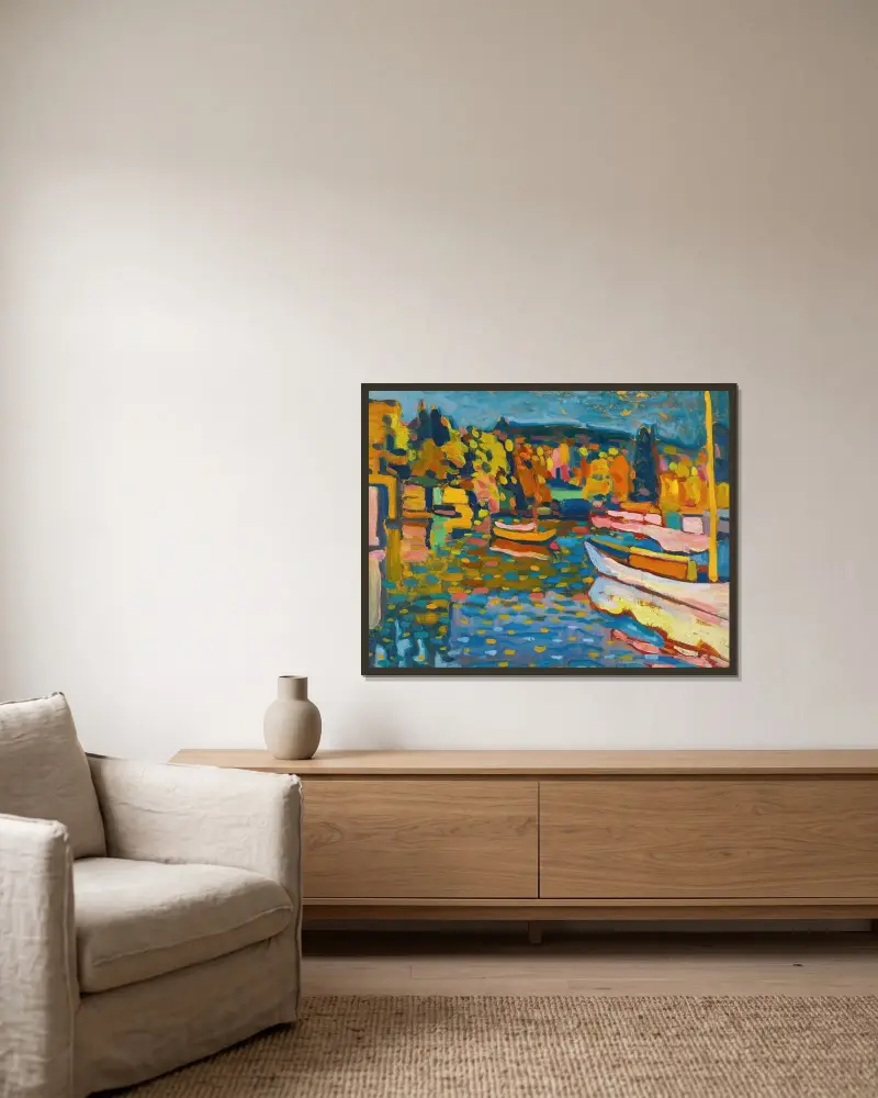 Study For Autumn Landscape With Boats av Wassily Kandinsky inramad på en vägg