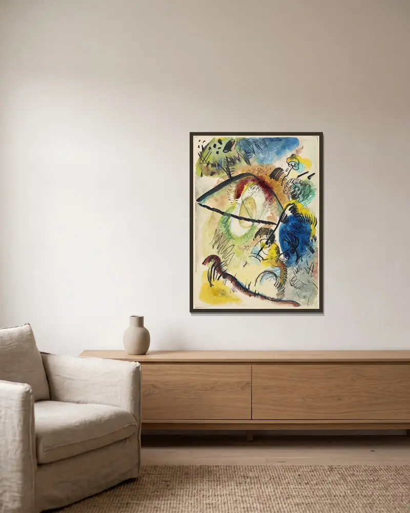 Aquarell IX (mit schwarzen Linien) von Wassily Kandinsky gerahmt an einer Wand
