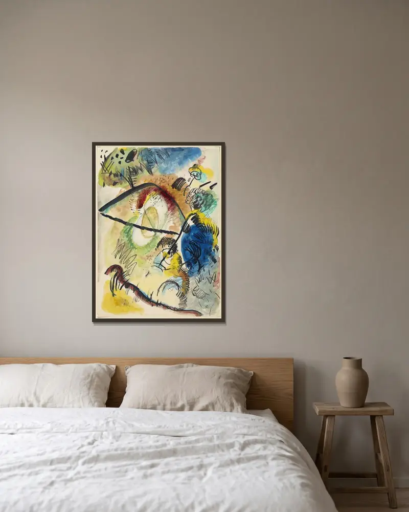 Aquarell IX (mit schwarzen Linien) von Wassily Kandinsky gerahmt an einer Wand