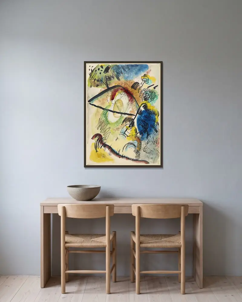 Aquarell IX (mit schwarzen Linien) von Wassily Kandinsky gerahmt an einer Wand