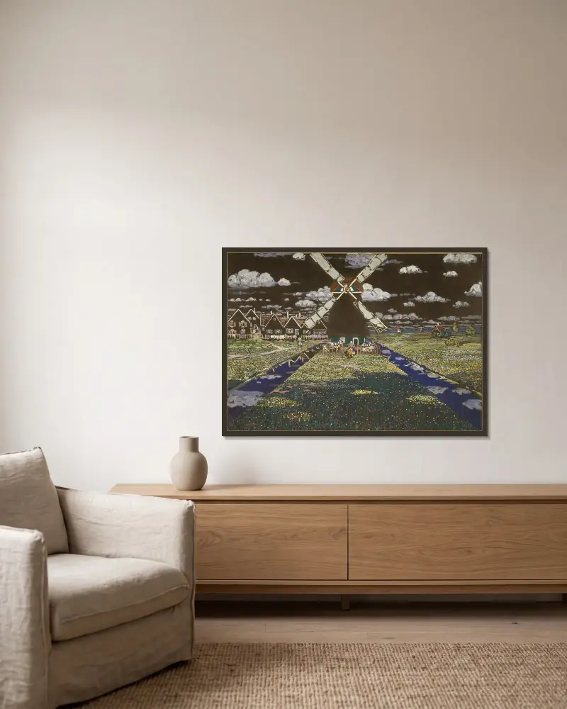 Windmühle in Holland von Wassily Kandinsky gerahmt an einer Wand
