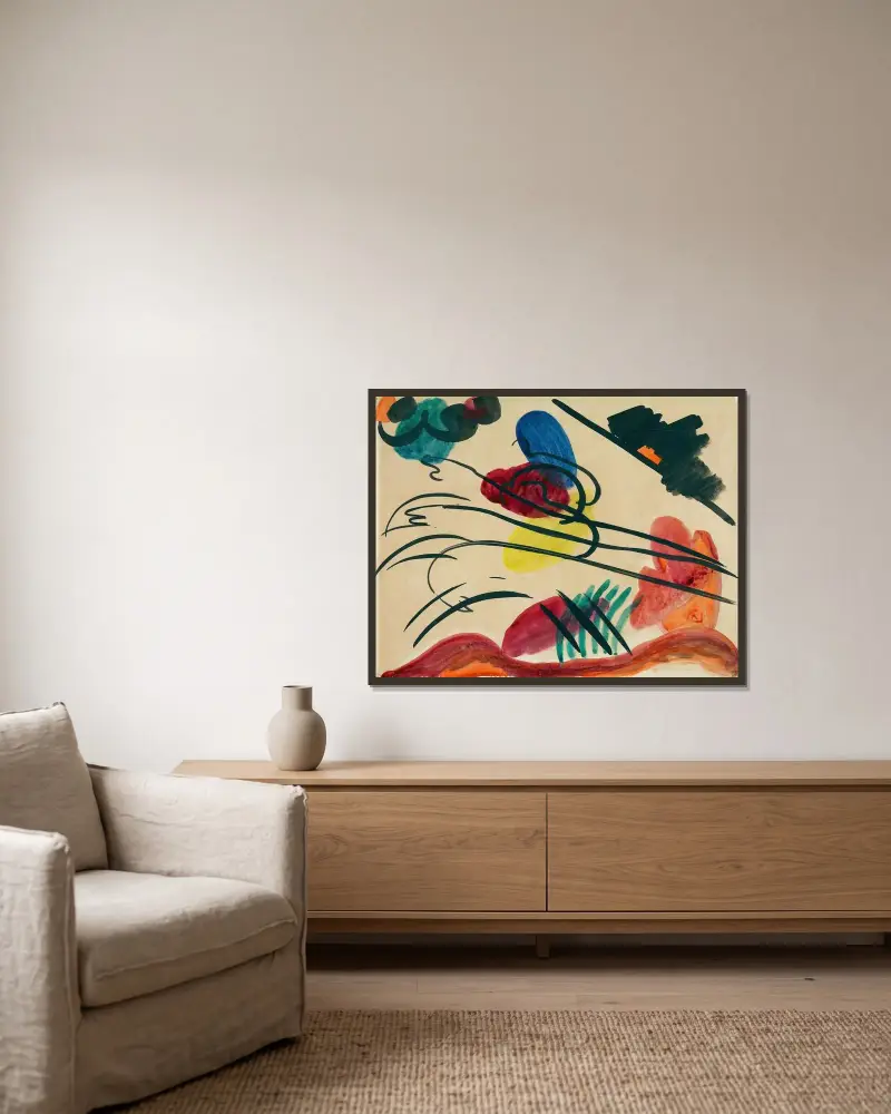 Mit drei Reitern von Wassily Kandinsky gerahmt an einer Wand