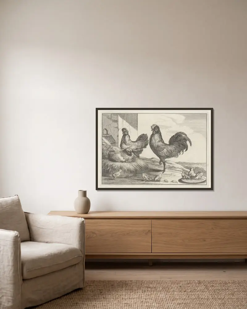 A cock, chicken, hen, and six chicks in a farmyard av Wenceslaus Hollar inramad på en vägg