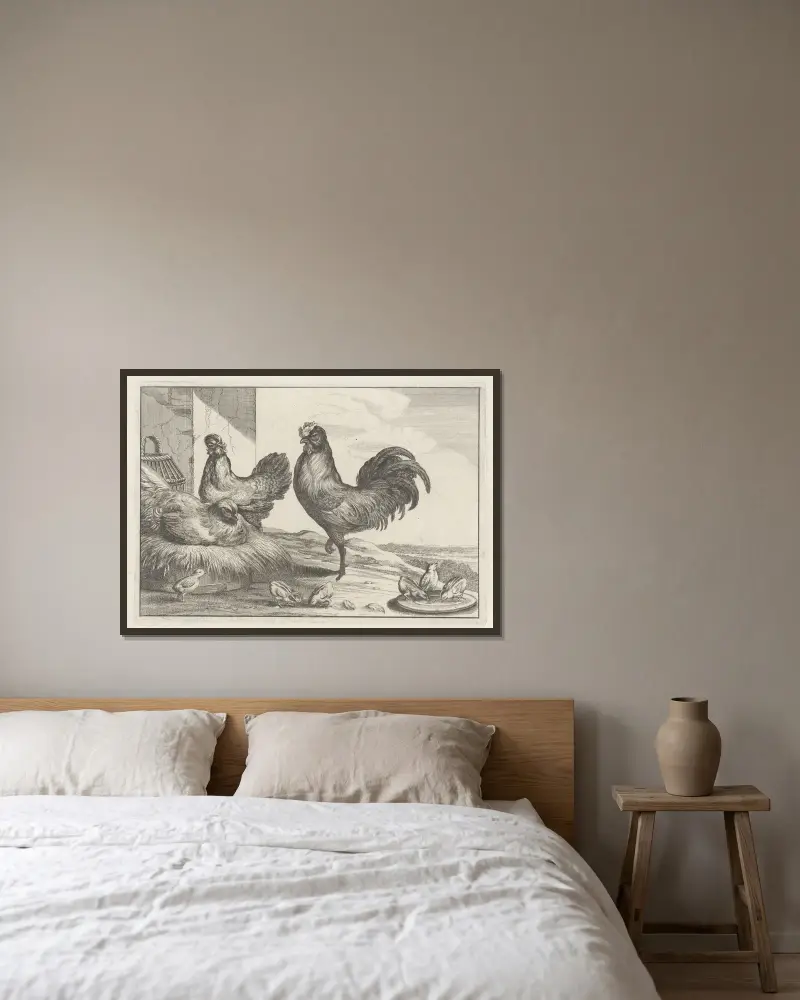 A cock, chicken, hen, and six chicks in a farmyard av Wenceslaus Hollar inramad på en vägg