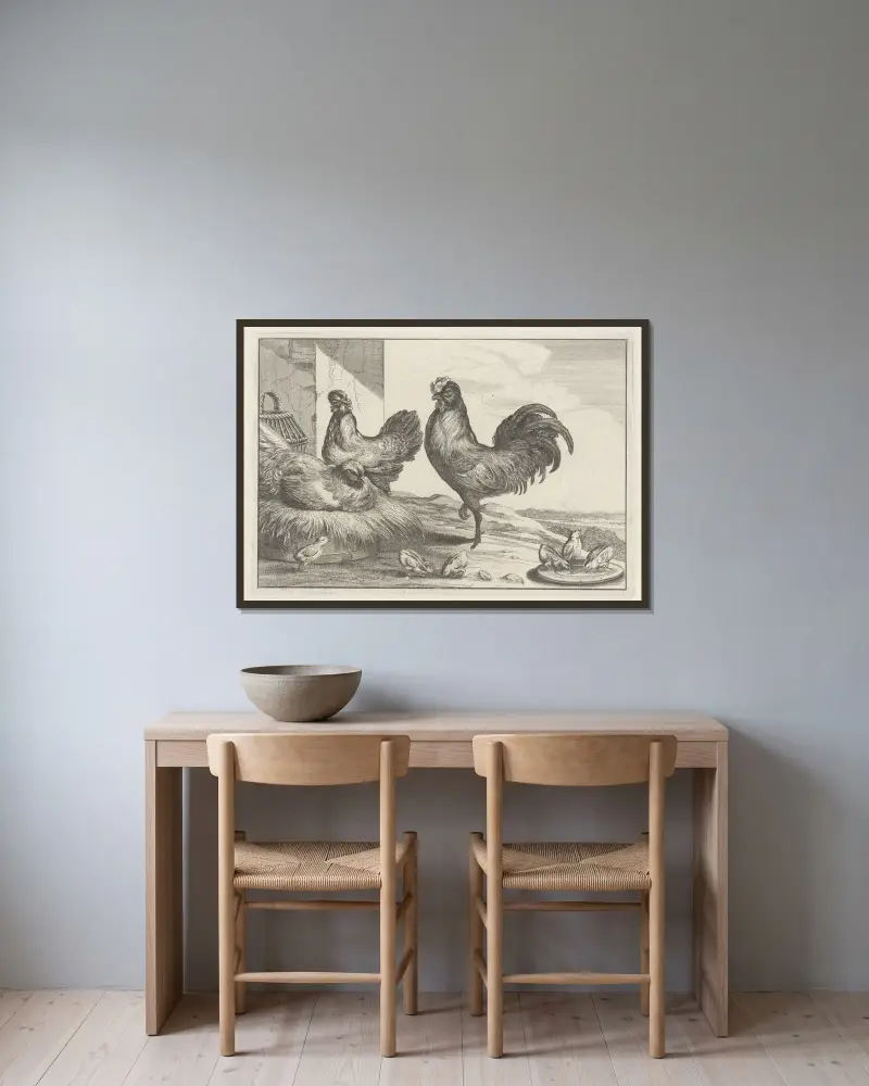 A cock, chicken, hen, and six chicks in a farmyard av Wenceslaus Hollar inramad på en vägg