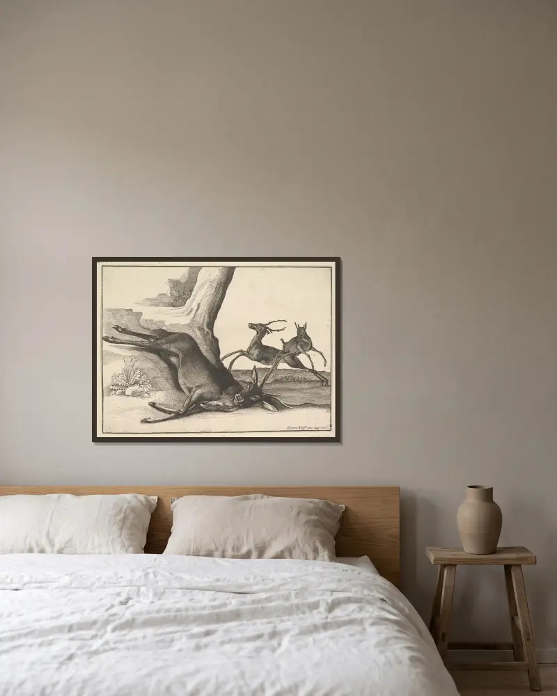 Ein toter Hirsch von Wenceslaus Hollar gerahmt an einer Wand