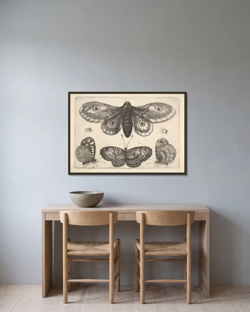 Eine Motte, drei Schmetterlinge und zwei Käfer von Wenceslaus Hollar gerahmt an einer Wand