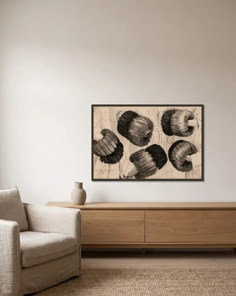 Ein Muff in fünf Ansichten von Wenceslaus Hollar gerahmt an einer Wand