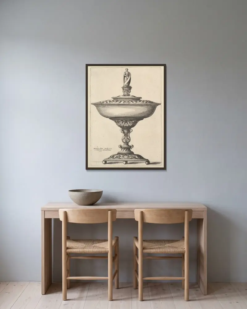A wide cup with ball feet av Wenceslaus Hollar inramad på en vägg