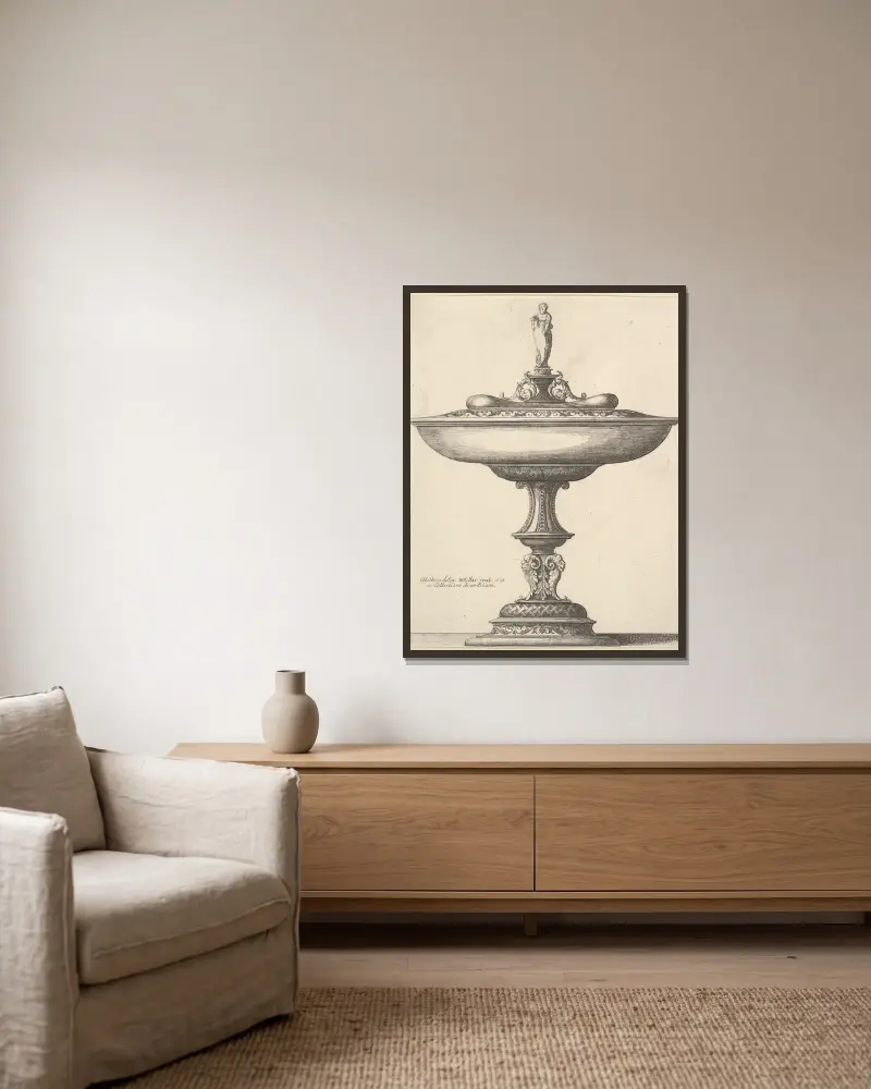 A wide cup with ornamental stem av Wenceslaus Hollar inramad på en vägg