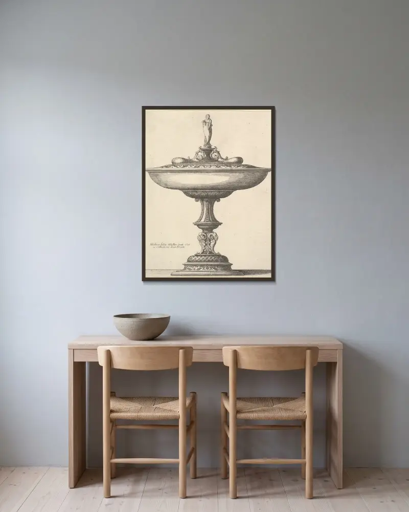 A wide cup with ornamental stem av Wenceslaus Hollar inramad på en vägg