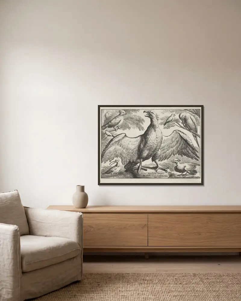 An eagle with outstretched wings standing on a rock, surrounded by six other birds av Wenceslaus Hollar inramad på en vägg