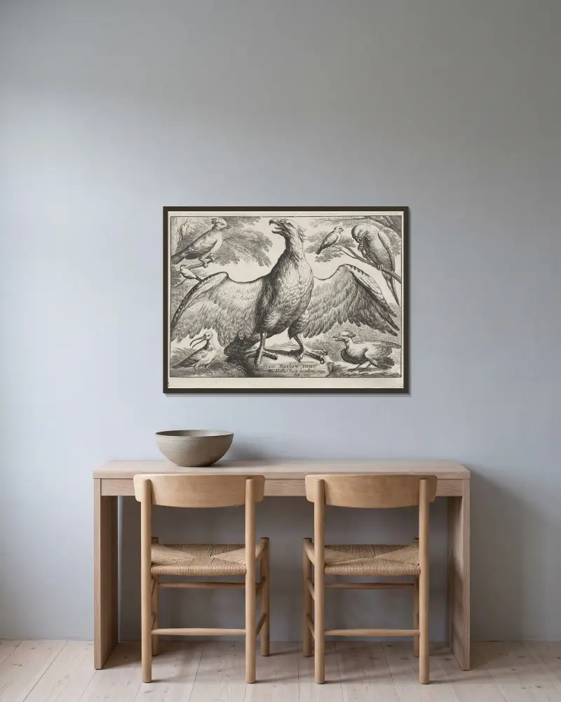 An eagle with outstretched wings standing on a rock, surrounded by six other birds av Wenceslaus Hollar inramad på en vägg