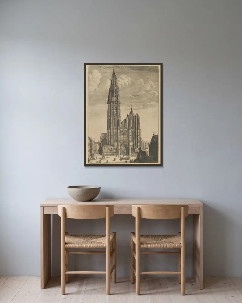 Antwerp Cathedral (Prospectvs Tvrris Ecclesiæ Cathedralis) av Wenceslaus Hollar inramad på en vägg