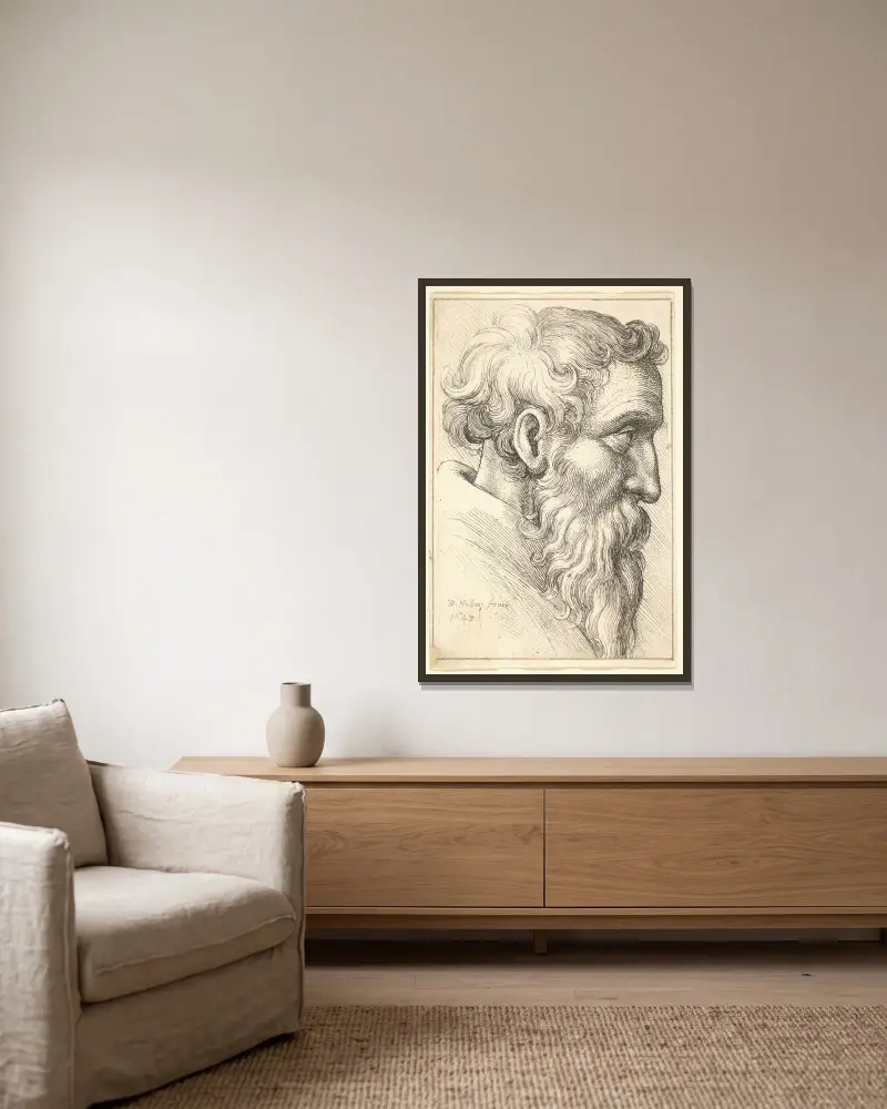 Bärtiger alter Mann im Profil nach rechts von Wenceslaus Hollar gerahmt an einer Wand