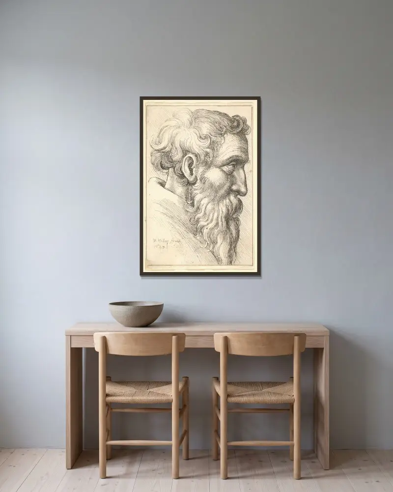 Bärtiger alter Mann im Profil nach rechts von Wenceslaus Hollar gerahmt an einer Wand