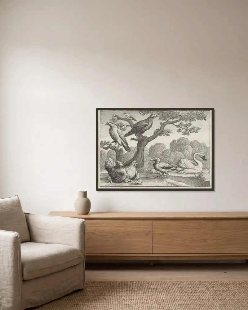 Fåglar vid en flod av Wenceslaus Hollar inramad på en vägg