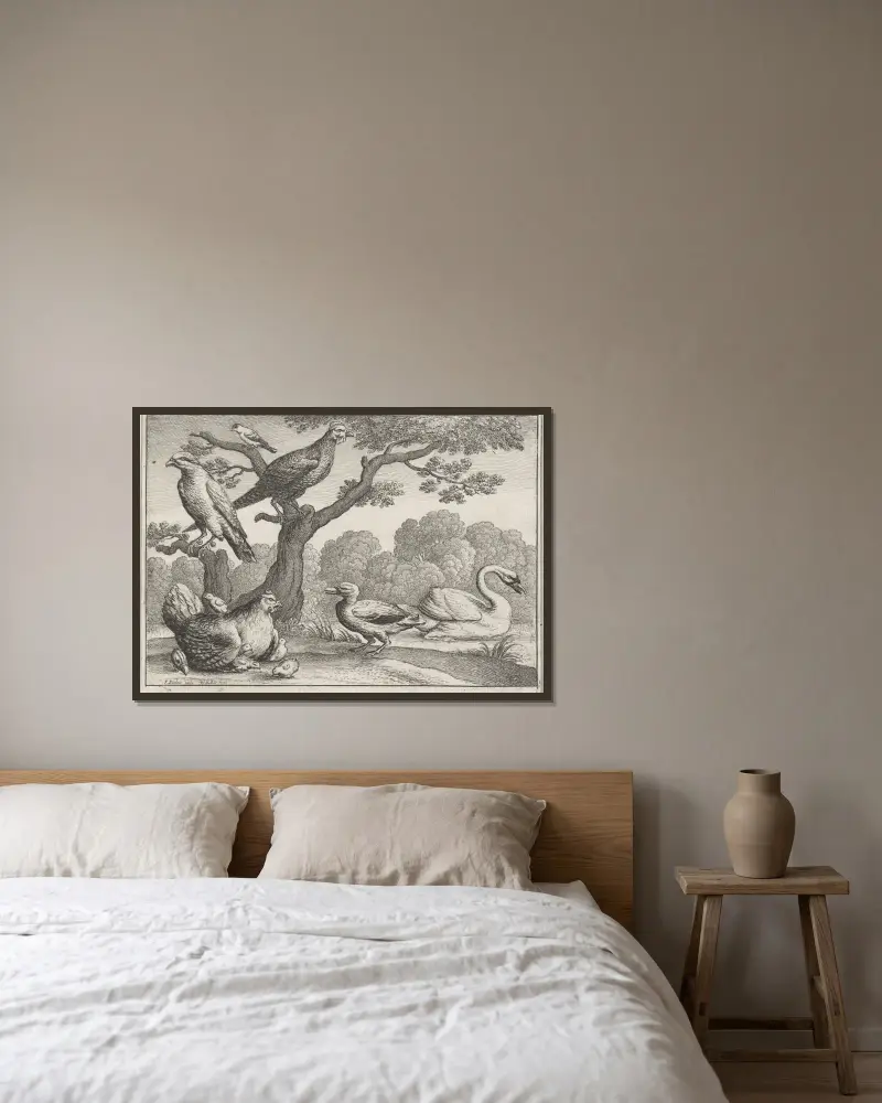 Fåglar vid en flod av Wenceslaus Hollar inramad på en vägg