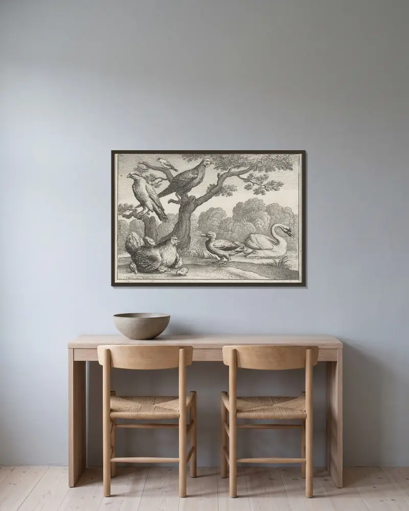 Fåglar vid en flod av Wenceslaus Hollar inramad på en vägg
