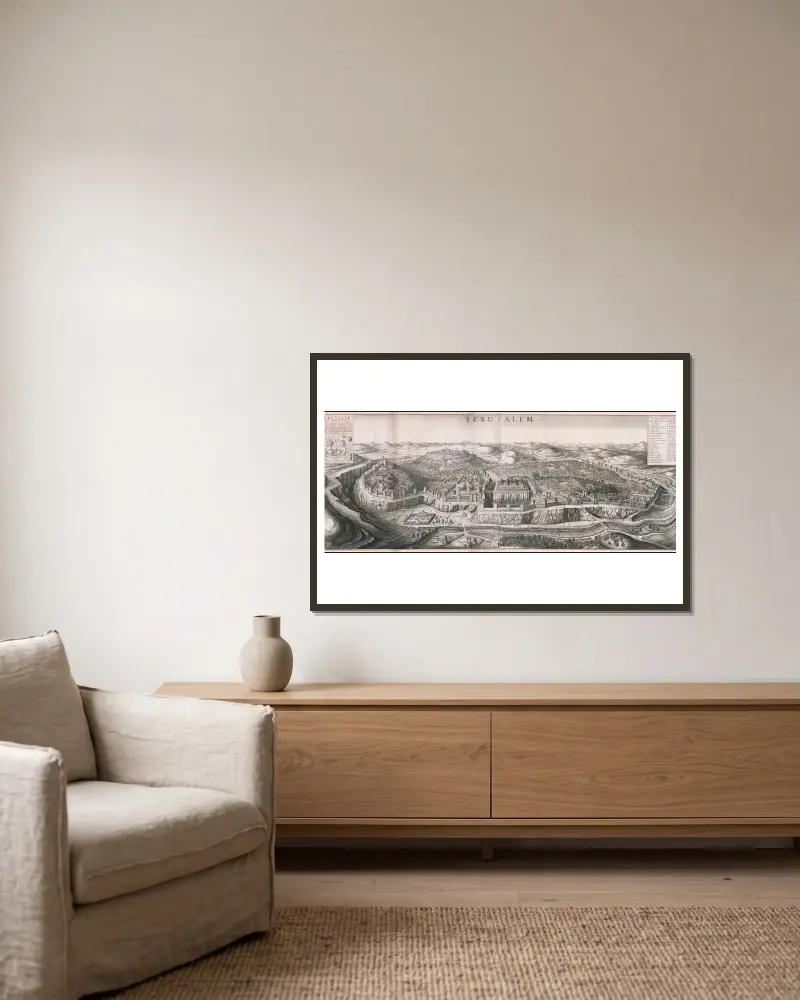 Bird’s eye view of Jerusalem av Wenceslaus Hollar inramad på en vägg