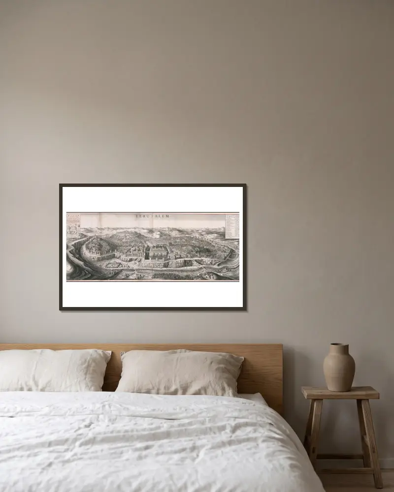 Bird’s eye view of Jerusalem av Wenceslaus Hollar inramad på en vägg