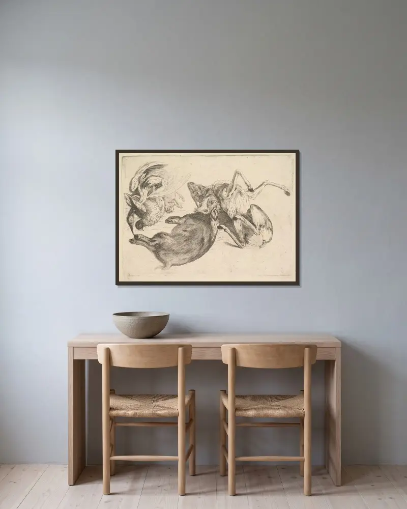 Dzik, jeleń, czapla i inna zwierzyna, Wenceslaus Hollar w ramie na ścianie